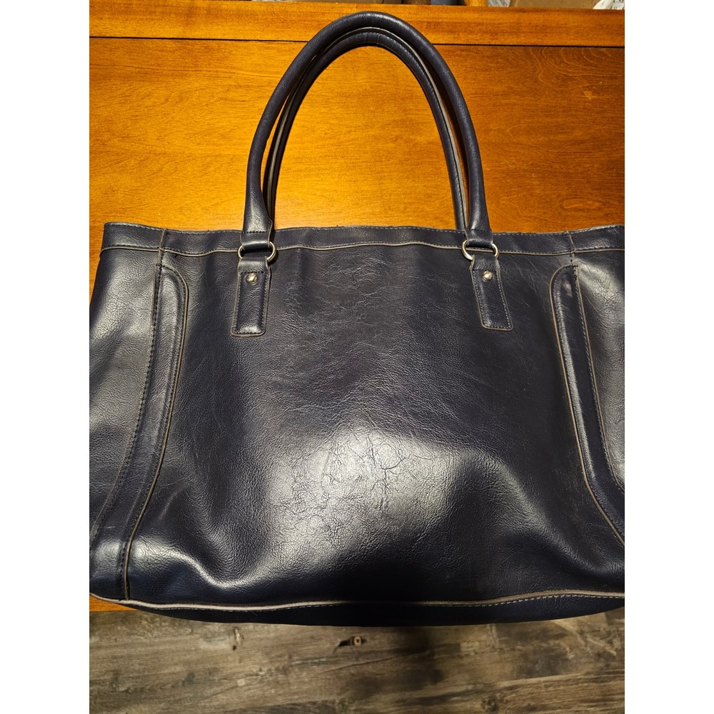 Merona Navy Blue Faux Leather Tote Bag Structured Work Shoulder Bag Large DD